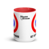 Get out of my house mug with a curling house and a yellow rock coming in for a peel weight hit on a red rock
