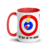 Get out of my house mug with a curling house and a yellow rock coming in for a peel weight hit on a red rock