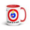 Get out of my house mug with a curling house and a yellow rock coming in for a peel weight hit on a red rock