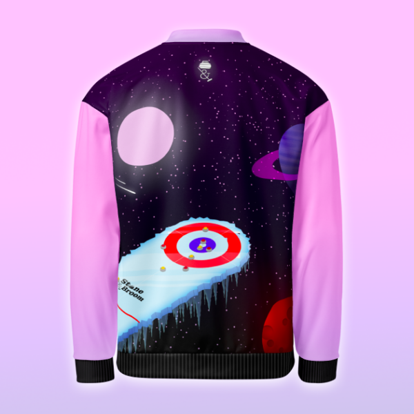 Don't Overthrow It Bomber Jacket on pink and blue gradient.